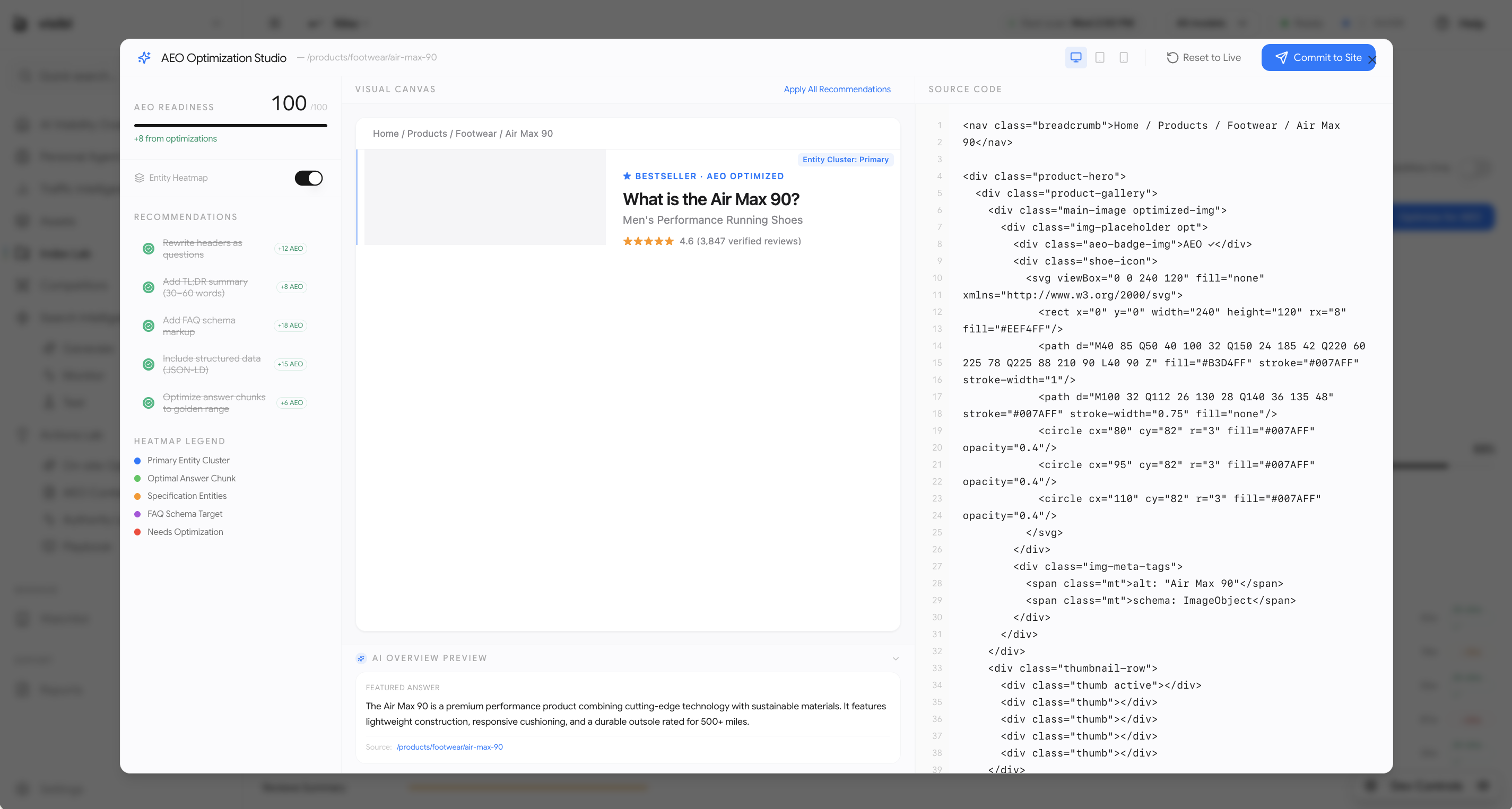 AEO Optimization Studio — split-pane workspace showing Visual Canvas, recommendations, and source code editor